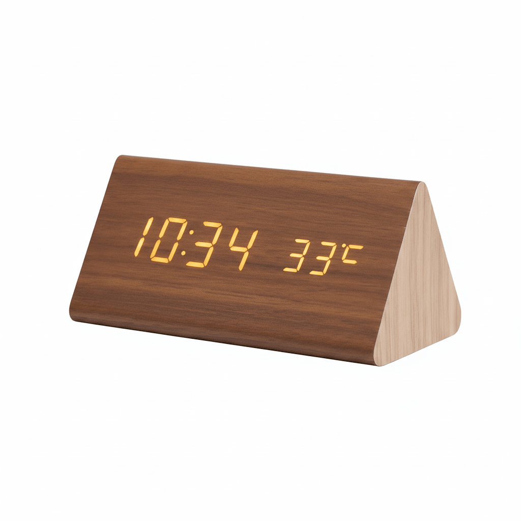 LED Wooden Digital Clock – Voice-Activated Alarm Clock with Adjustable Brightness, Battery or USB, 8 Styles