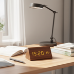 LED Wooden Digital Clock – Voice-Activated Alarm Clock with Adjustable Brightness, Battery or USB, 8 Styles