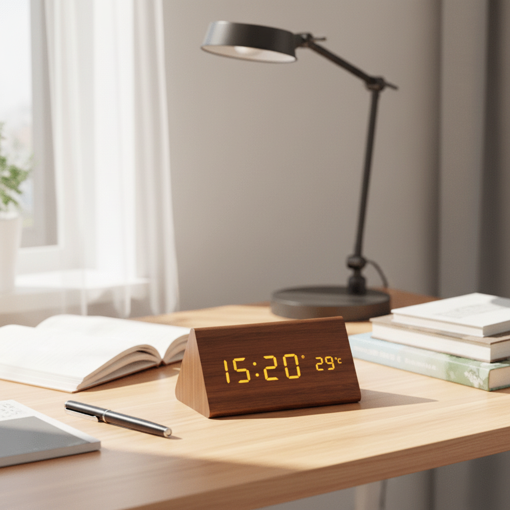 LED Wooden Digital Clock – Voice-Activated Alarm Clock with Adjustable Brightness, Battery or USB, 8 Styles