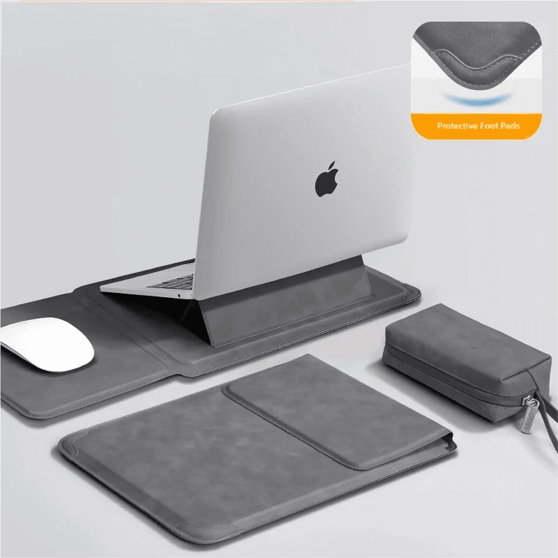 Laptop Sleeve Case with Ergonomic Foldable Stand for MacBook Air Pro 13 13.6 M4, HP, Dell, Huawei - Waterproof Slim Notebook Cover 13 14 15 15.6 16 Inch Deep Grey Set