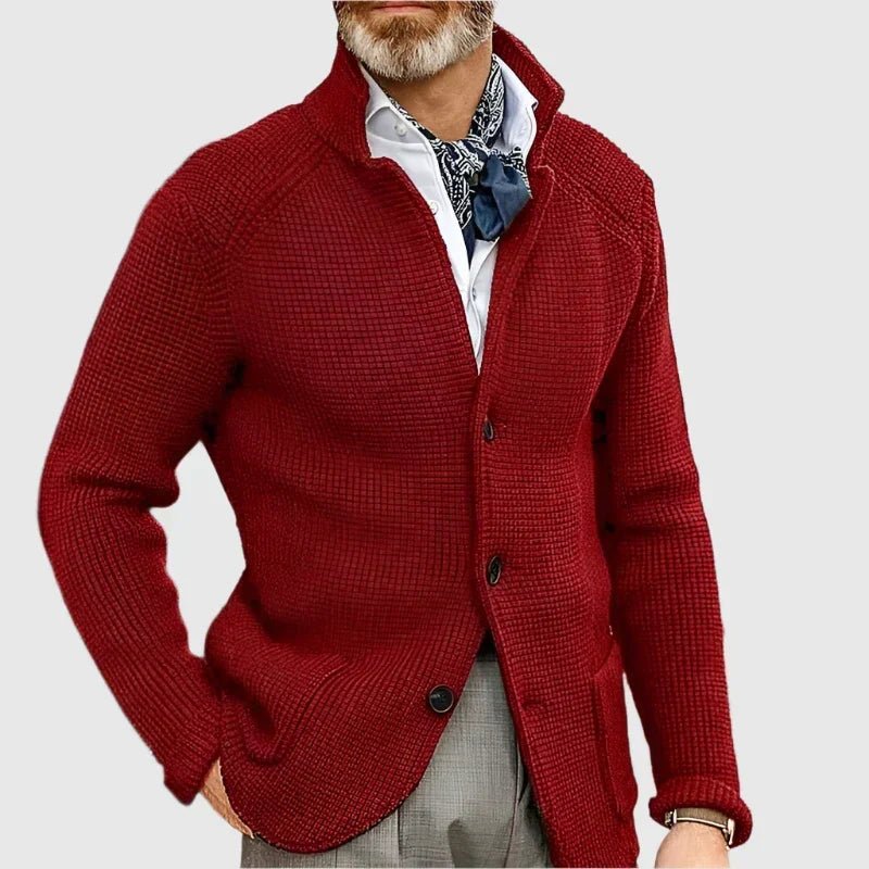 Hermosa | Men’s Cardigan | Button Front Stand Collar Dark Red