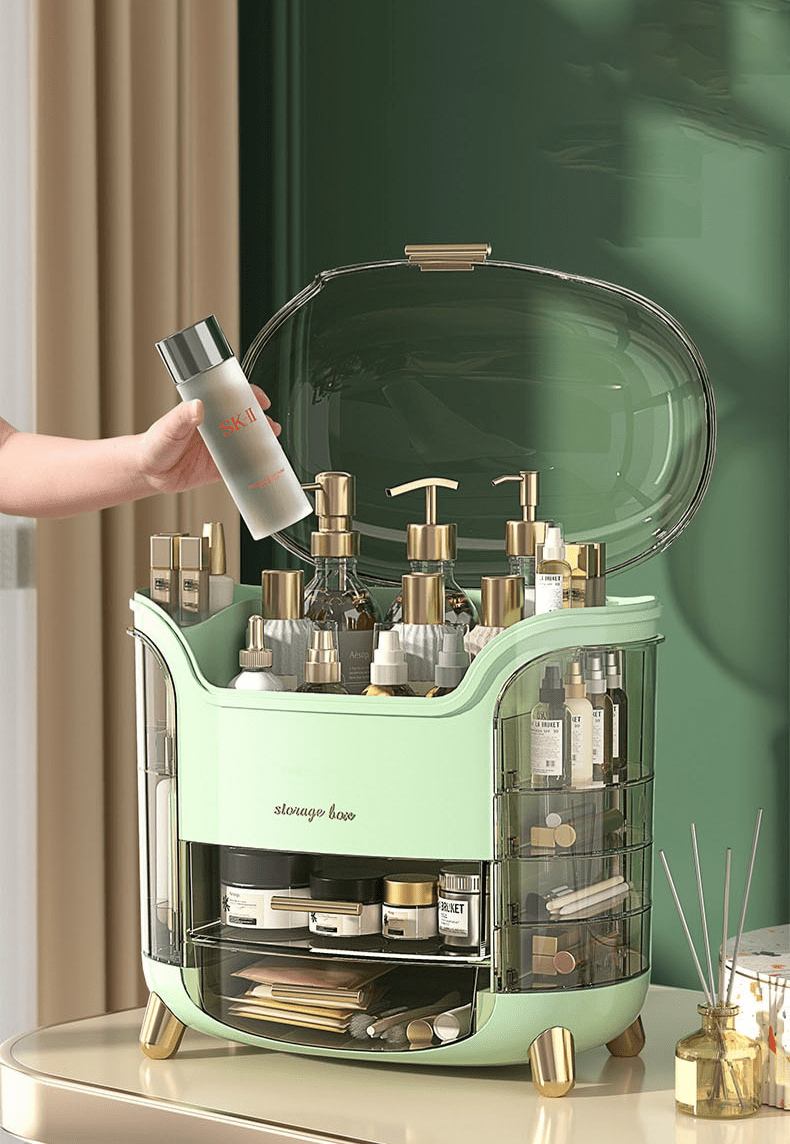 Luxury Makeup Organizer – Dustproof Makeup Storage Box with Compartments, Vanity Cosmetic Organizer, Green or White