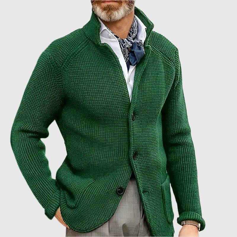 Hermosa | Men’s Cardigan | Button Front Stand Collar Dark Green