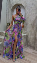 Selana | Elegant Flowy Shoulder Dress for Summer Events Purple
