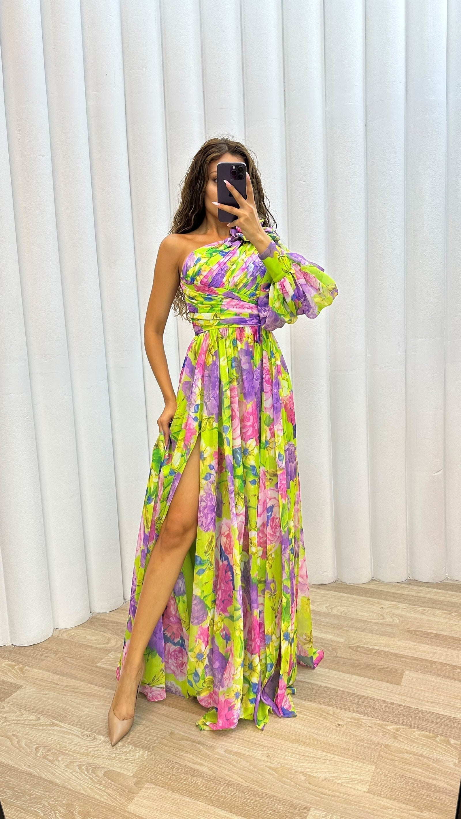 Selana | Elegant Flowy Shoulder Dress for Summer Events Yellow