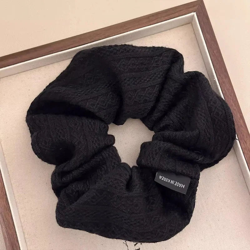 Luna | Vintage Knit Pattern Hair Scrunchie for Women & Girls - Oversized Knitted Elastic Hair Tie & Sweet Retro Ponytail Holder Fashion Hair Accessory Black