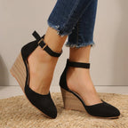 Voda | Women’s Pointed-Toe Ankle Strap Wedge – Chic Comfort Lift & Refined Artisan Finish Black