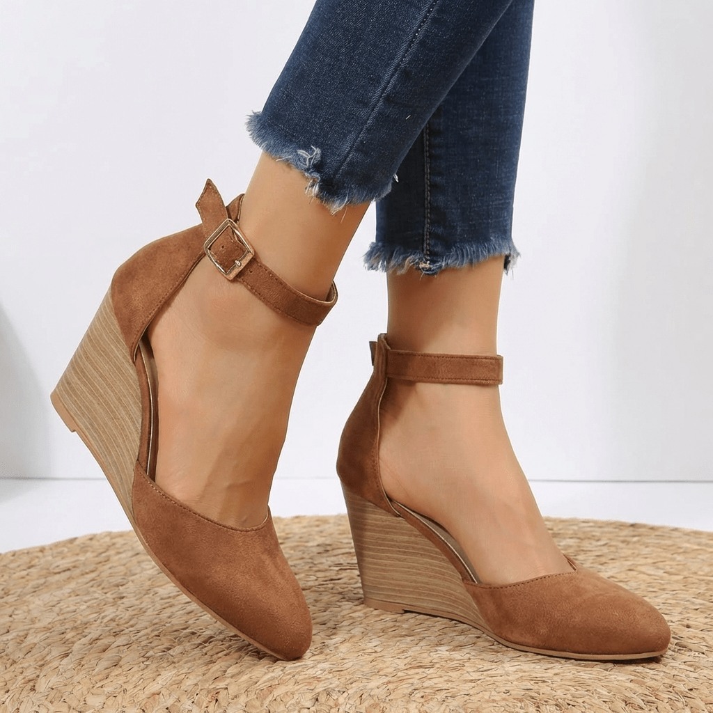 Voda | Women’s Pointed-Toe Ankle Strap Wedge – Chic Comfort Lift & Refined Artisan Finish Dark Brown