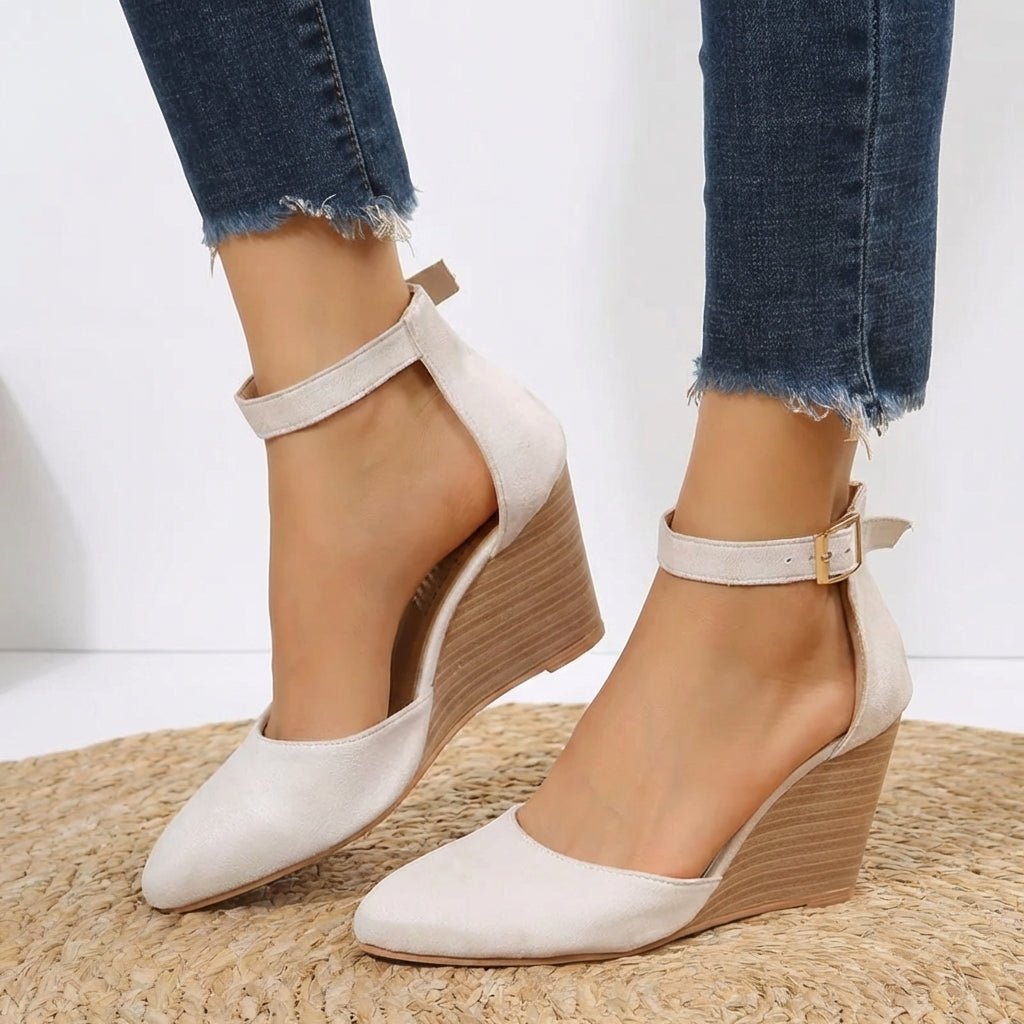 Voda | Women’s Pointed-Toe Ankle Strap Wedge – Chic Comfort Lift & Refined Artisan Finish Milky
