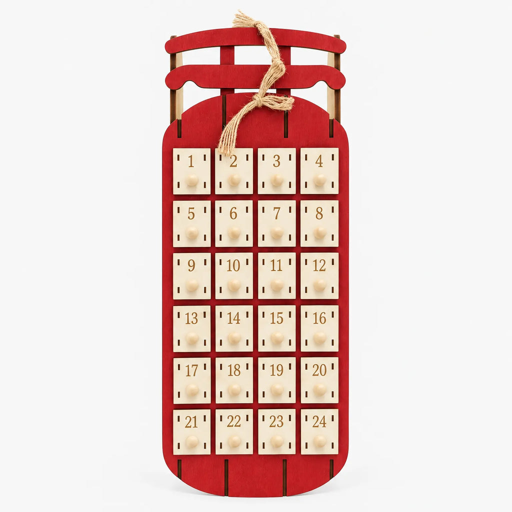 Wooden Advent Calendar Sleigh – Reusable Fillable Christmas Countdown with Drawers, Hanging Rope, Natural Wood