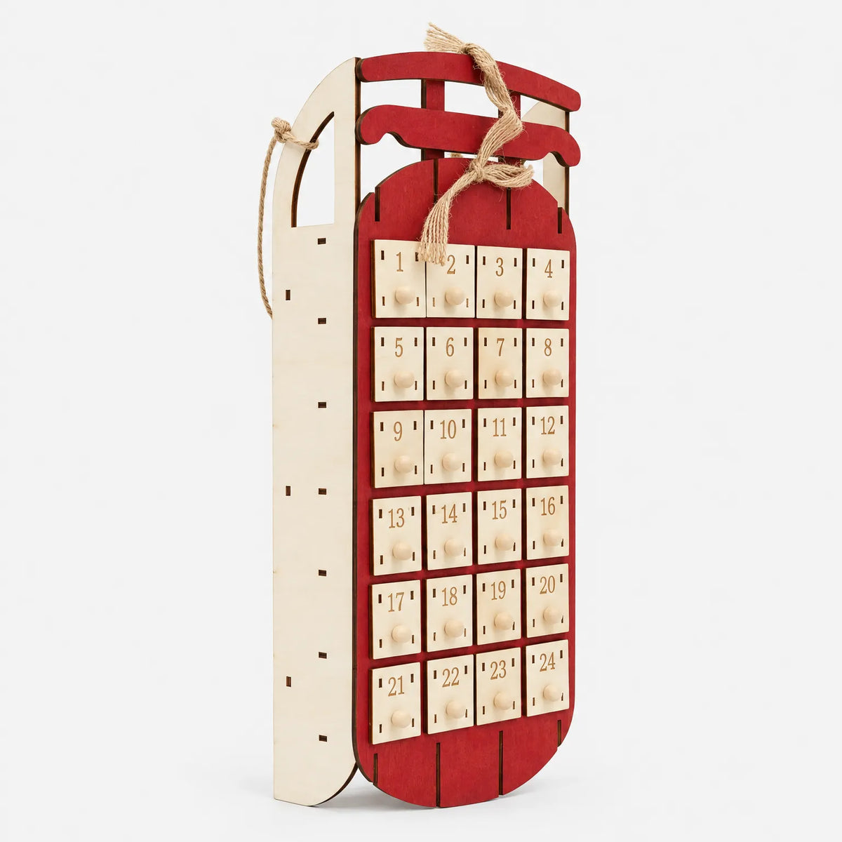 Wooden Advent Calendar Sleigh – Reusable Fillable Christmas Countdown with Drawers, Hanging Rope, Natural Wood