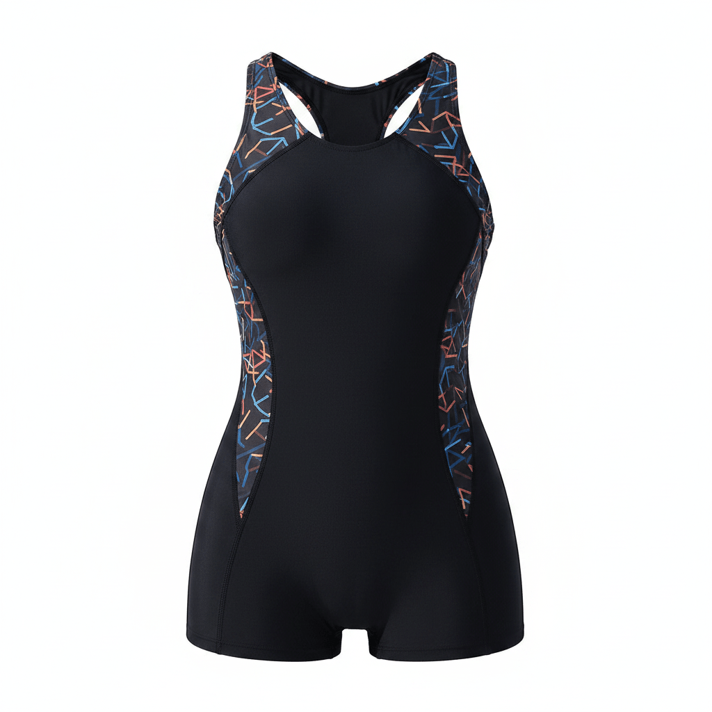Sleek One-Piece Swimsuit with Sculpted Silhouette and Patterned Accents 1
