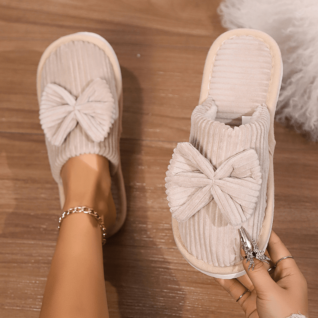 Slippers with Bow - Warm Slippers with Soft Lining Beige