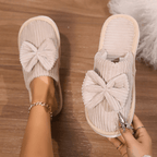 Slippers with Bow - Warm Slippers with Soft Lining Beige