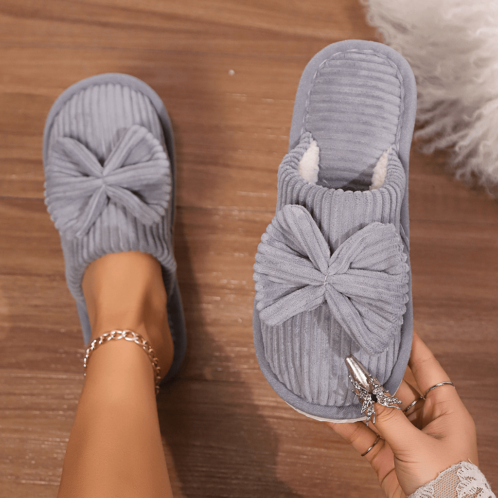 Slippers with Bow - Warm Slippers with Soft Lining Gray