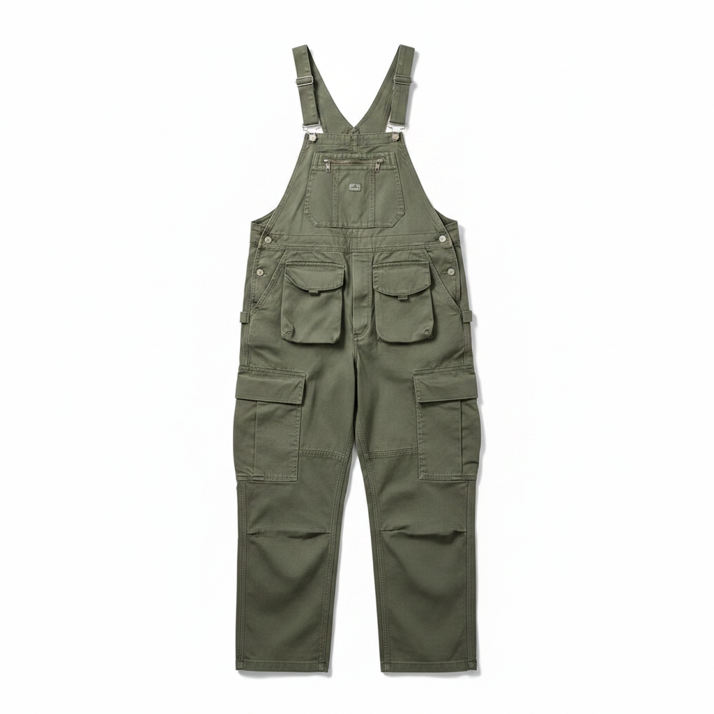 Men’s Slouchy Artisan Overalls in Olive color with relaxed canvas drape.