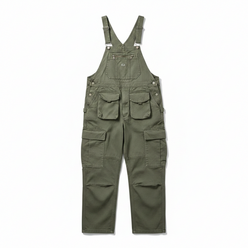 Men’s Slouchy Artisan Overalls in Olive color with relaxed canvas drape.