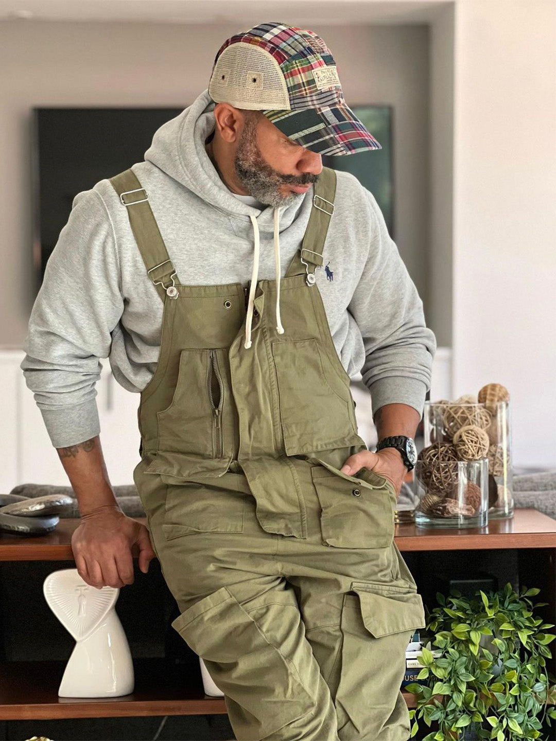 Men’s Slouchy Artisan Overalls in Gray color with relaxed fit.