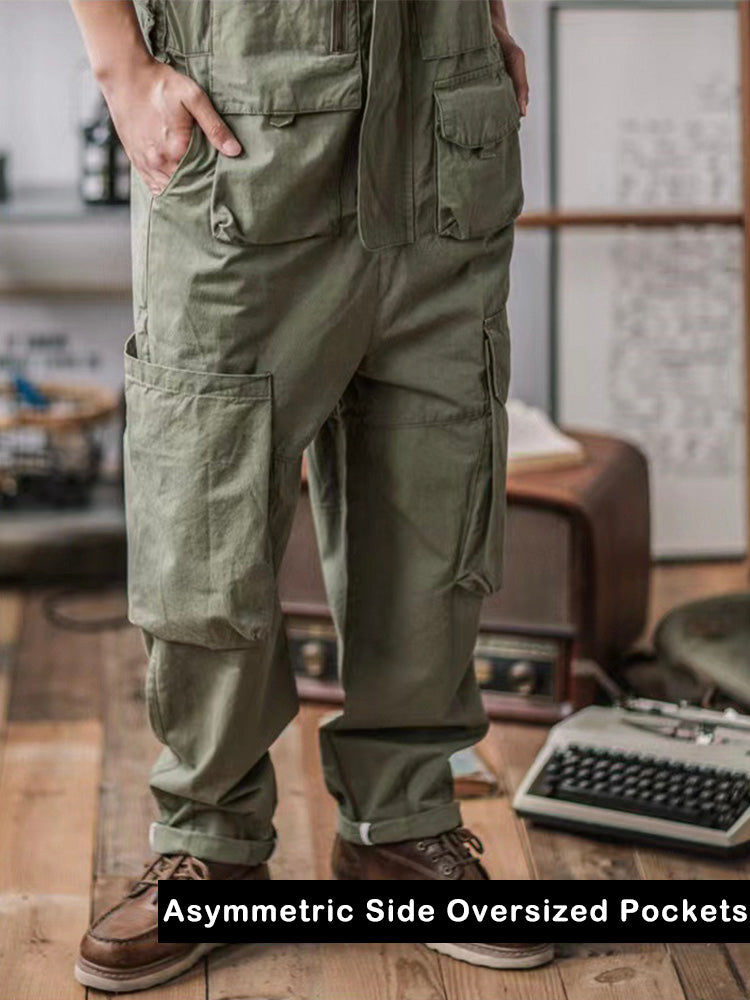 Men’s Slouchy Artisan Overalls, showing back view with weathered nickel hardware.
