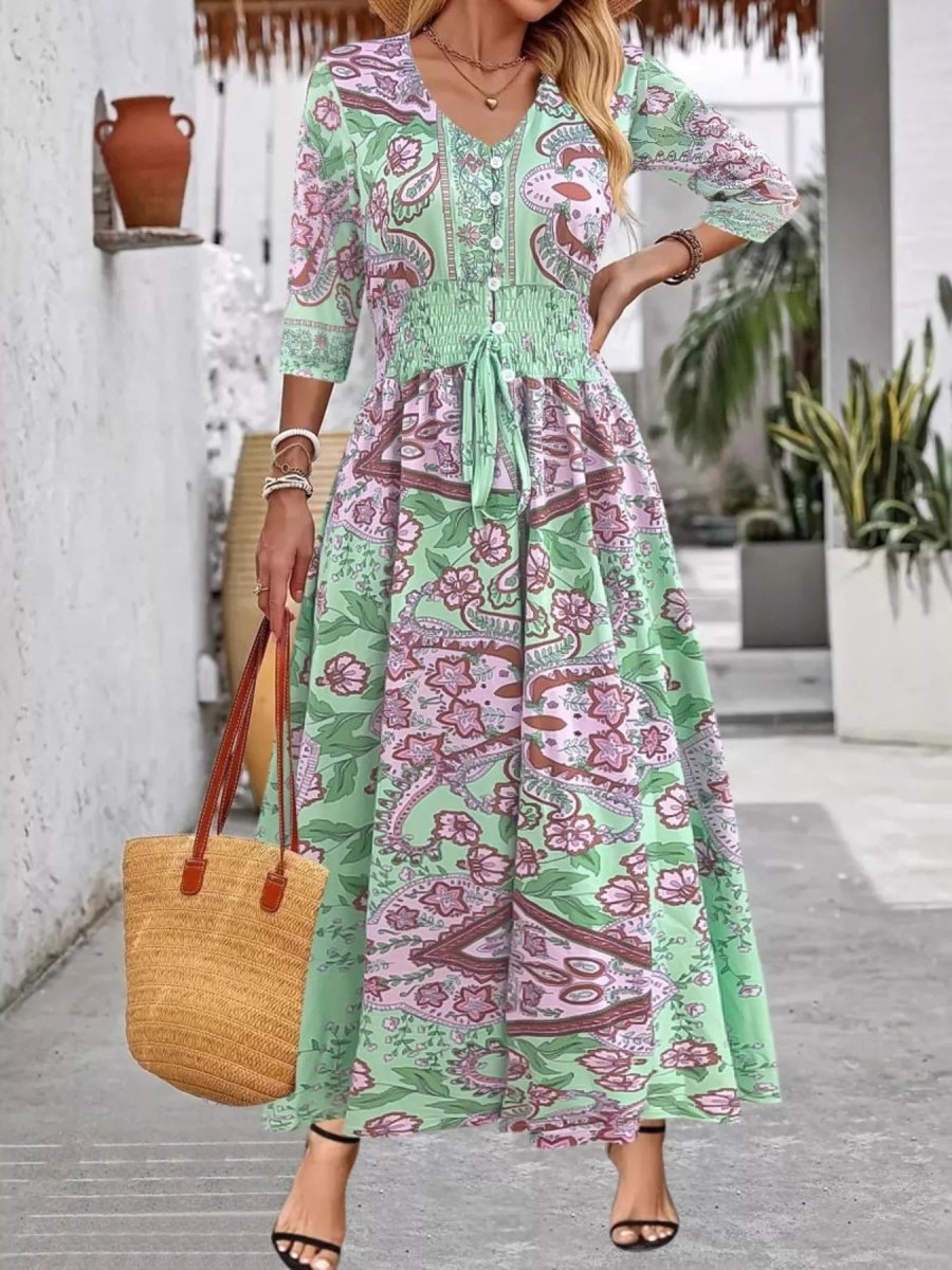 Women's Smocked Printed Half Sleeve Dress Green