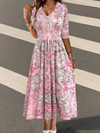 Women's Smocked Printed Half Sleeve Dress Pink