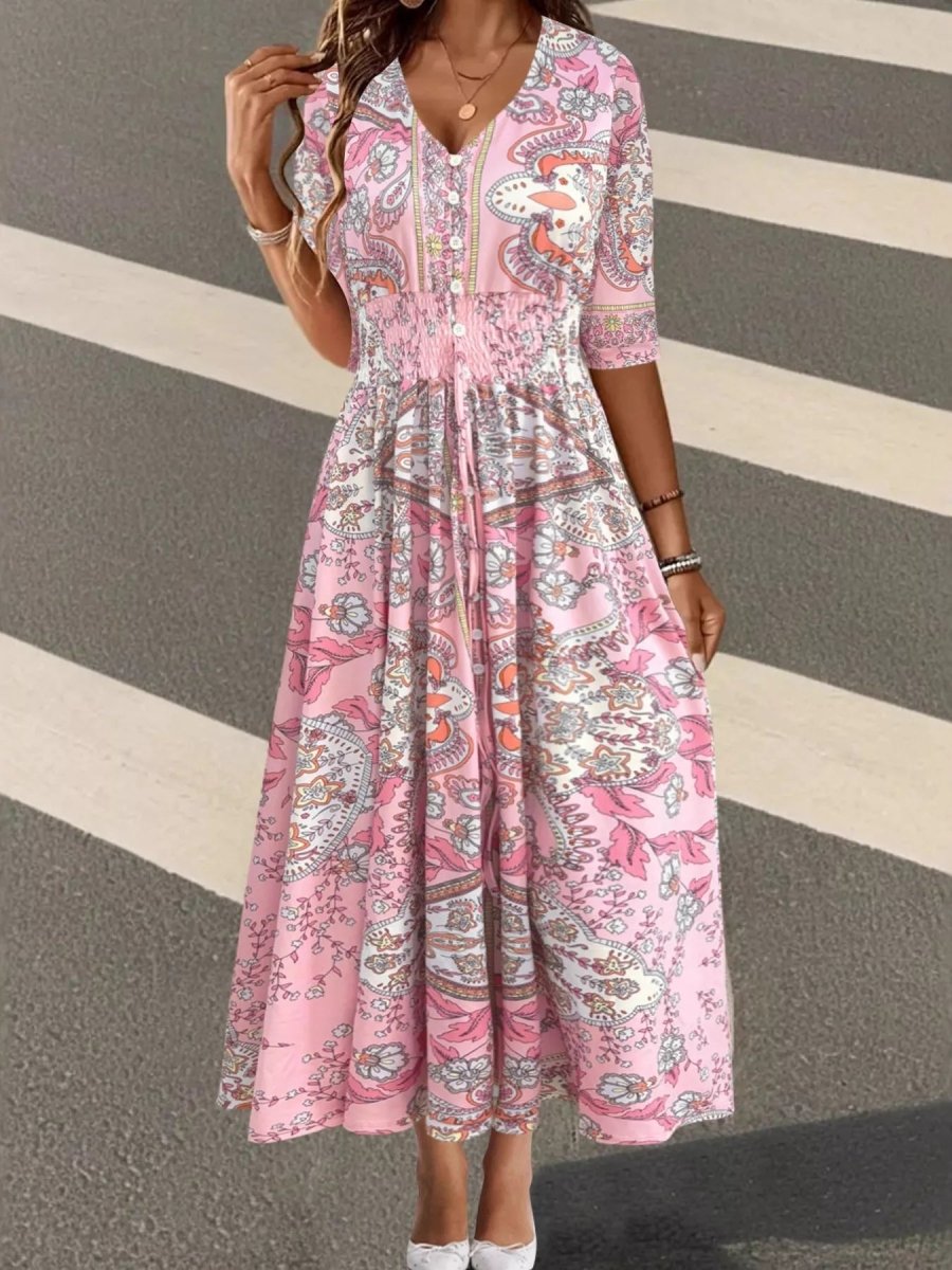 Women's Smocked Printed Half Sleeve Dress Pink