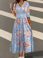 Women's Smocked Printed Half Sleeve Dress Blue