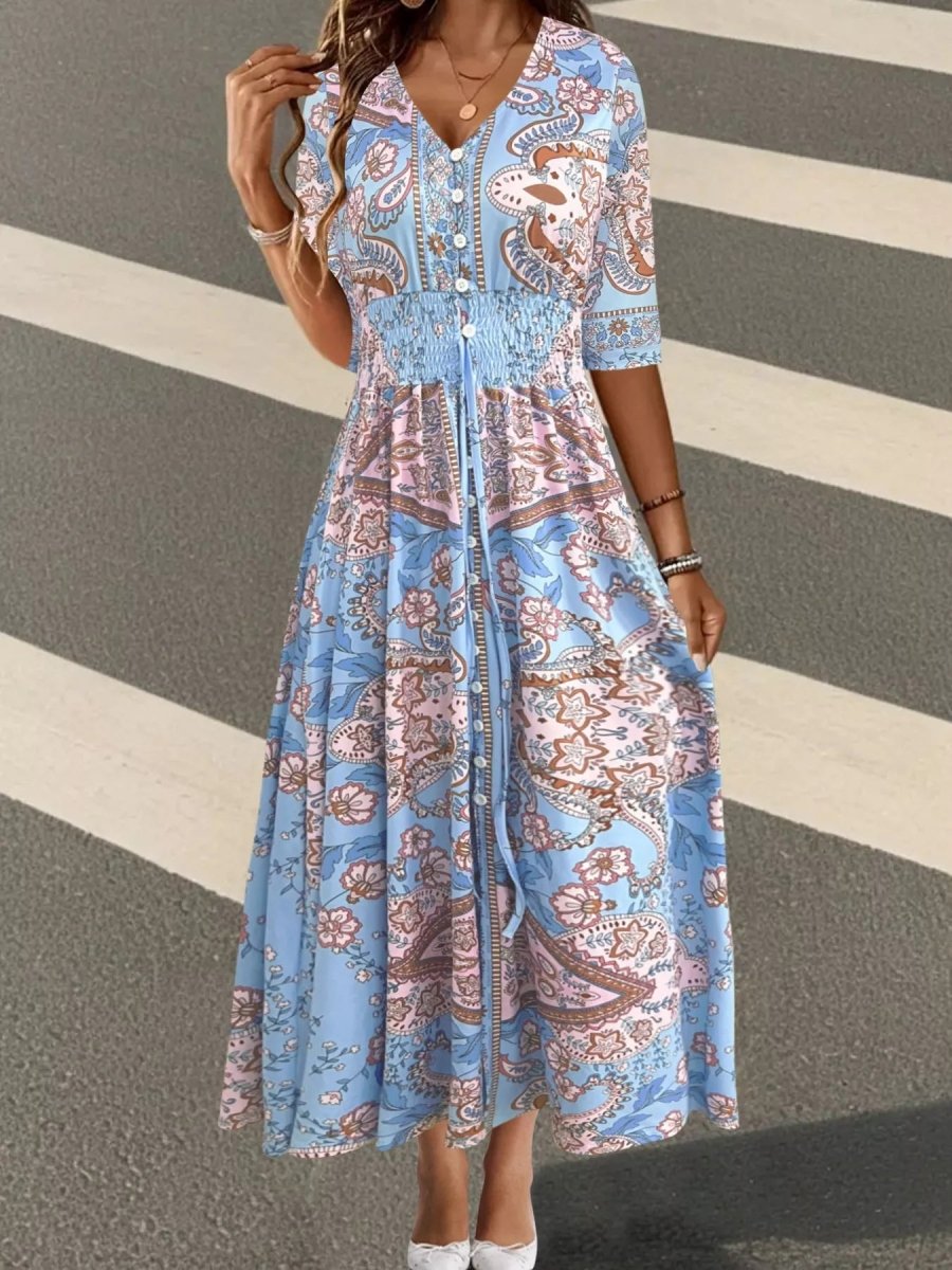Women's Smocked Printed Half Sleeve Dress Blue