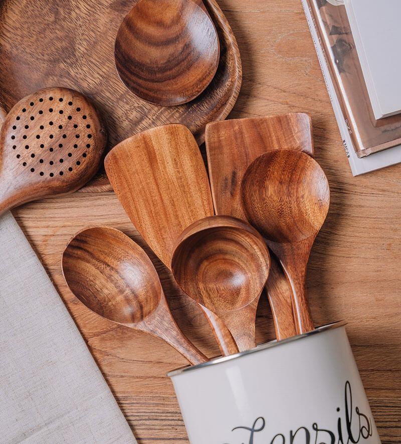 Natural Wooden Kitchen Set – Rustic Wooden Cooking Utensils, Set of 4 or 7 Pieces – RustiCook
