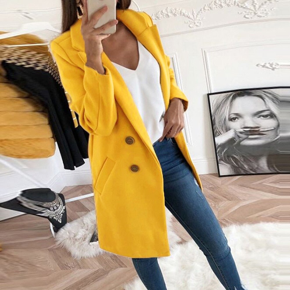 Aura | Women’s Stylish Coat – Chic Long-Line Tailoring & Refined Slimming Silhouette Yellow