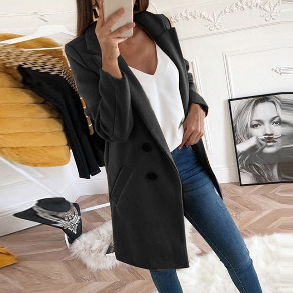 Aura | Women’s Stylish Coat – Chic Long-Line Tailoring & Refined Slimming Silhouette Black