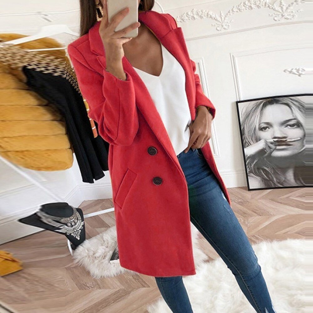 Aura | Women’s Stylish Coat – Chic Long-Line Tailoring & Refined Slimming Silhouette Red