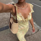 Summer Flower Printed Women's Sexy Low-cut Dress Sleeveless Backless Slim Sling Dresses 2025 Beach Vacation Lady Vestidos 2