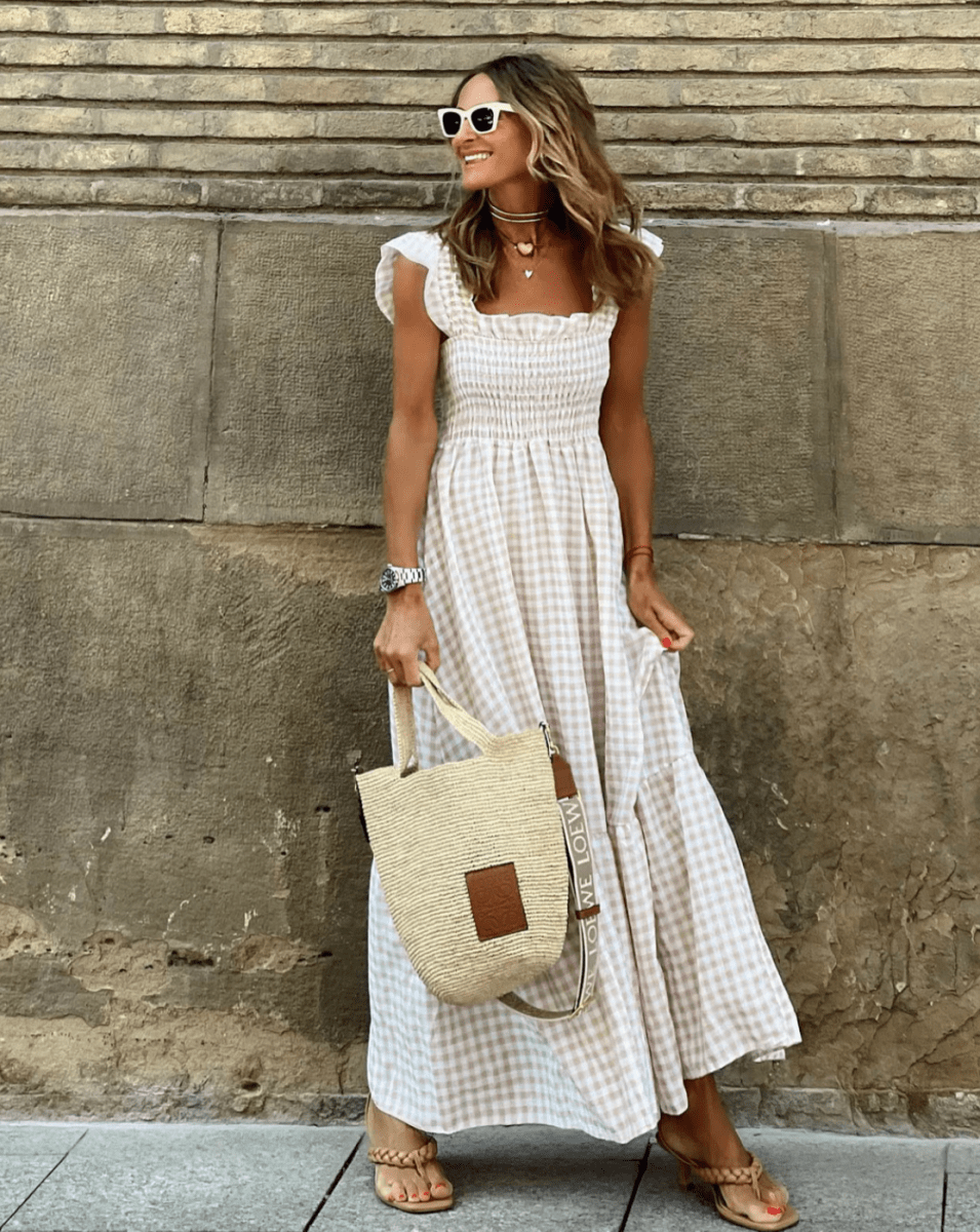 Summer Smocked Gingham Maxi Dress with Ruffle Sleeves Beige
