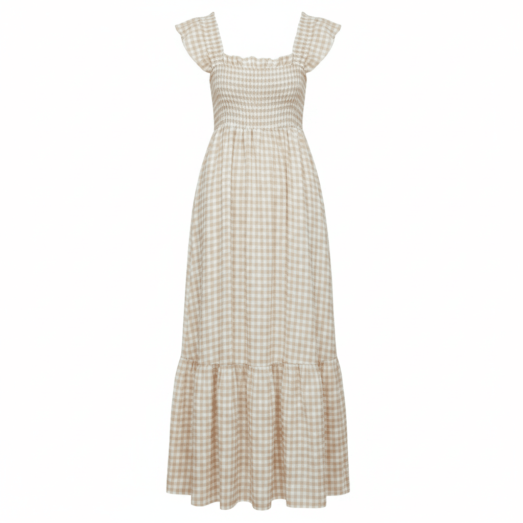 Summer Smocked Gingham Maxi Dress with Ruffle Sleeves