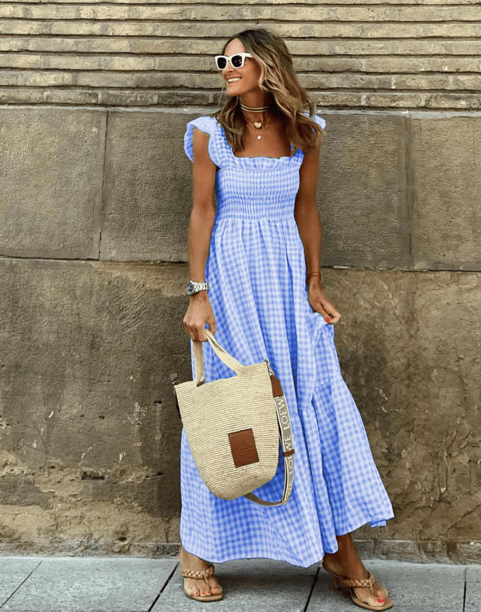 Summer Smocked Gingham Maxi Dress with Ruffle Sleeves Blue