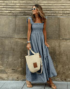 Summer Smocked Gingham Maxi Dress with Ruffle Sleeves Black