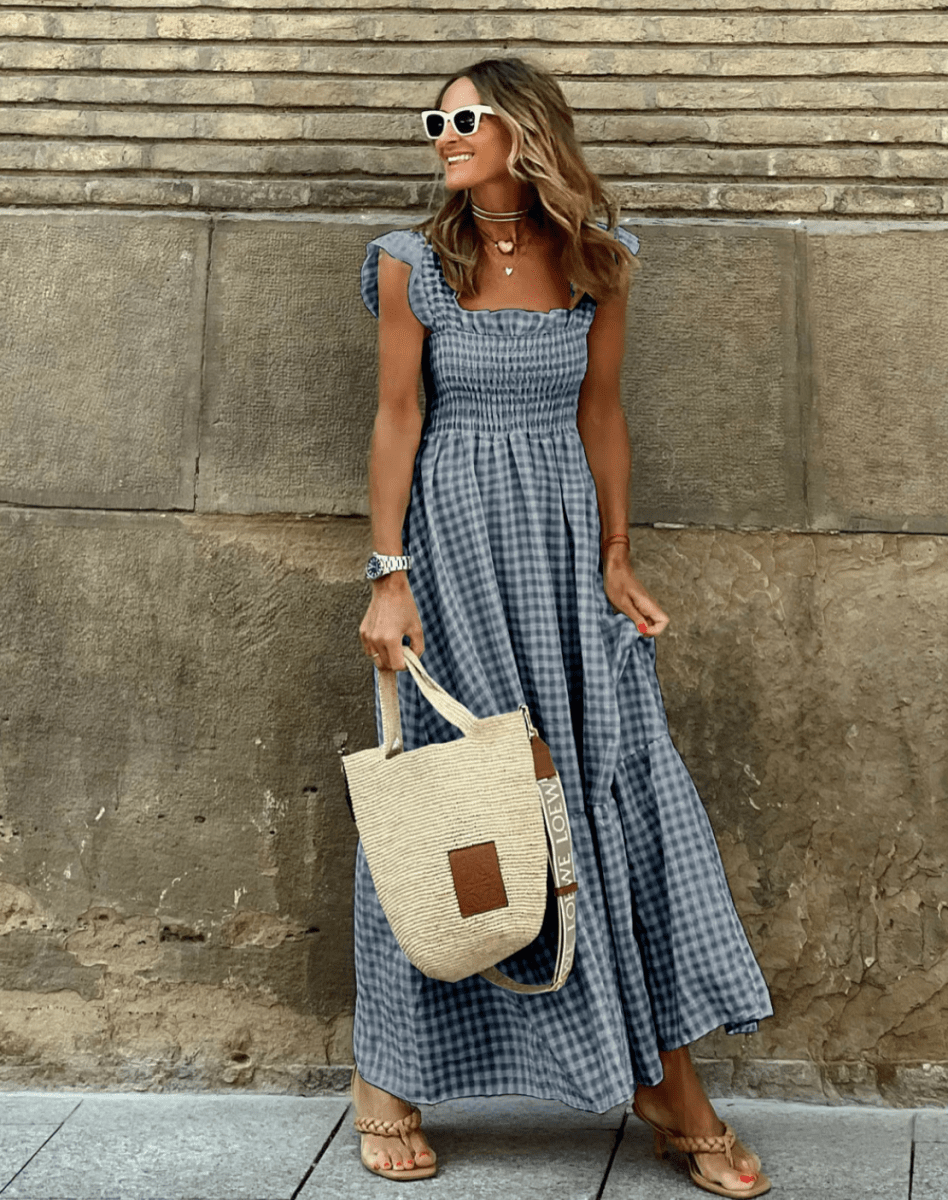 Summer Smocked Gingham Maxi Dress with Ruffle Sleeves Black