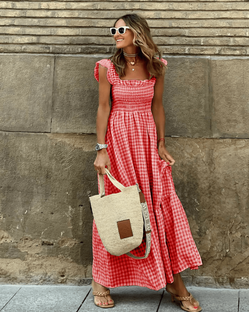Summer Smocked Gingham Maxi Dress with Ruffle Sleeves Red