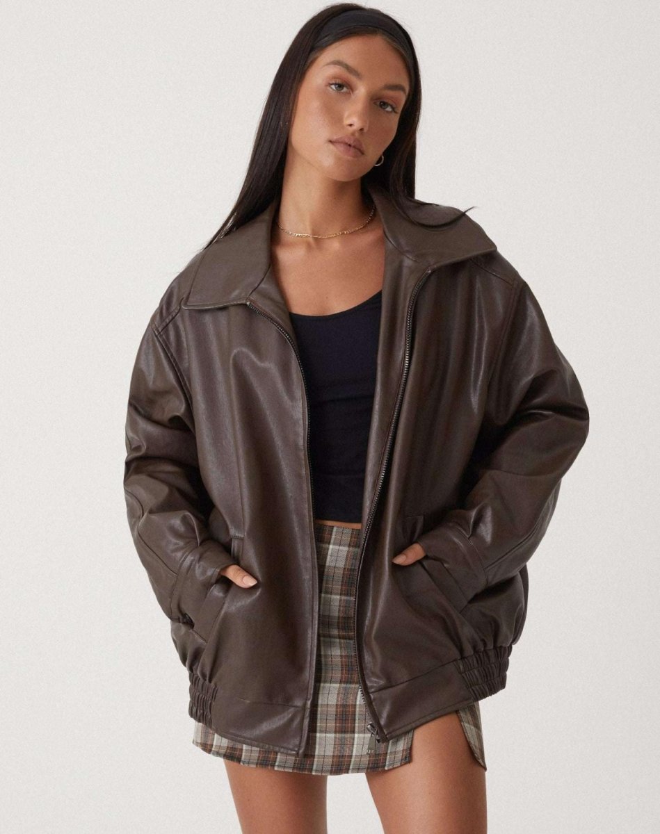 Elysia | Loose Faux Leather Jacket for Women – Relaxed Oversized Fit-Women's Jacket-Brown-XS-Camoufit