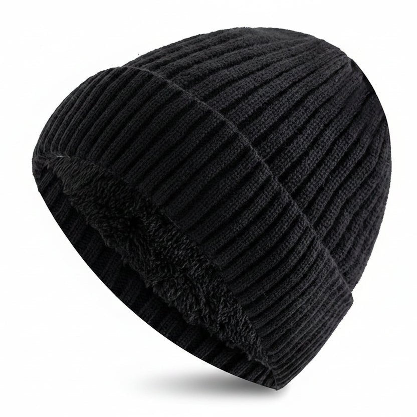 Two Tone Winter Beanie Hat with Fur Lining Men and Women Warm Knitted Cap Black 56cm-60cm