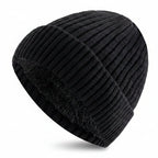 Two Tone Winter Beanie Hat with Fur Lining Men and Women Warm Knitted Cap Black 56cm-60cm