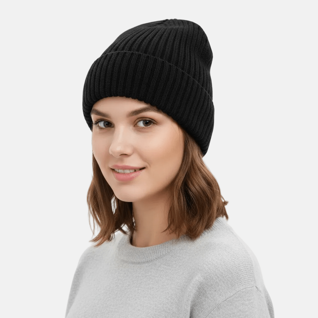 Two Tone Winter Beanie Hat with Fur Lining Men and Women Warm Knitted Cap