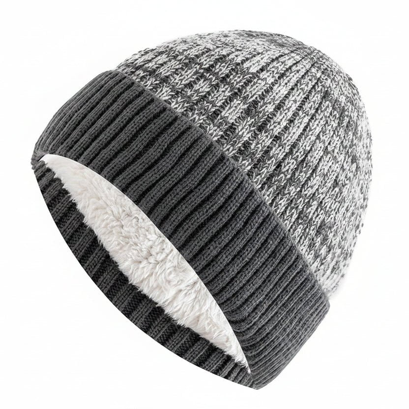 Two Tone Winter Beanie Hat with Fur Lining Men and Women Warm Knitted Cap