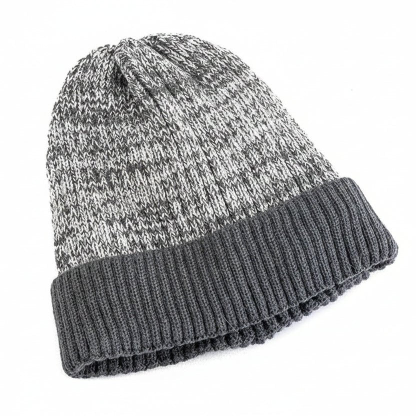 Two Tone Winter Beanie Hat with Fur Lining Men and Women Warm Knitted Cap