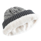 Two Tone Winter Beanie Hat with Fur Lining Men and Women Warm Knitted Cap