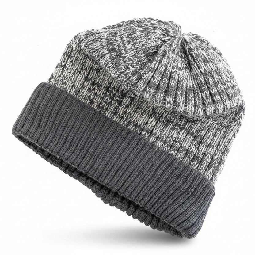 Two Tone Winter Beanie Hat with Fur Lining Men and Women Warm Knitted Cap