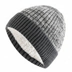 Two Tone Winter Beanie Hat with Fur Lining Men and Women Warm Knitted Cap Grey 56cm-60cm