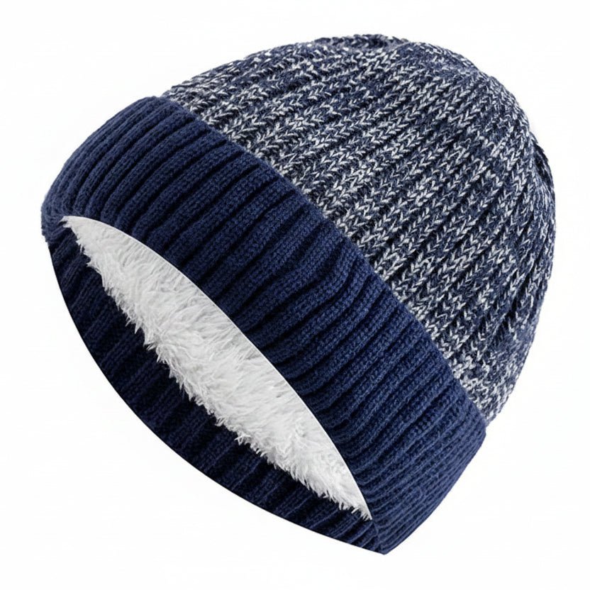 Two Tone Winter Beanie Hat with Fur Lining Men and Women Warm Knitted Cap Navy Blue 56cm-60cm