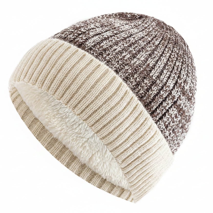 Two Tone Winter Beanie Hat with Fur Lining Men and Women Warm Knitted Cap Coffee 56cm-60cm